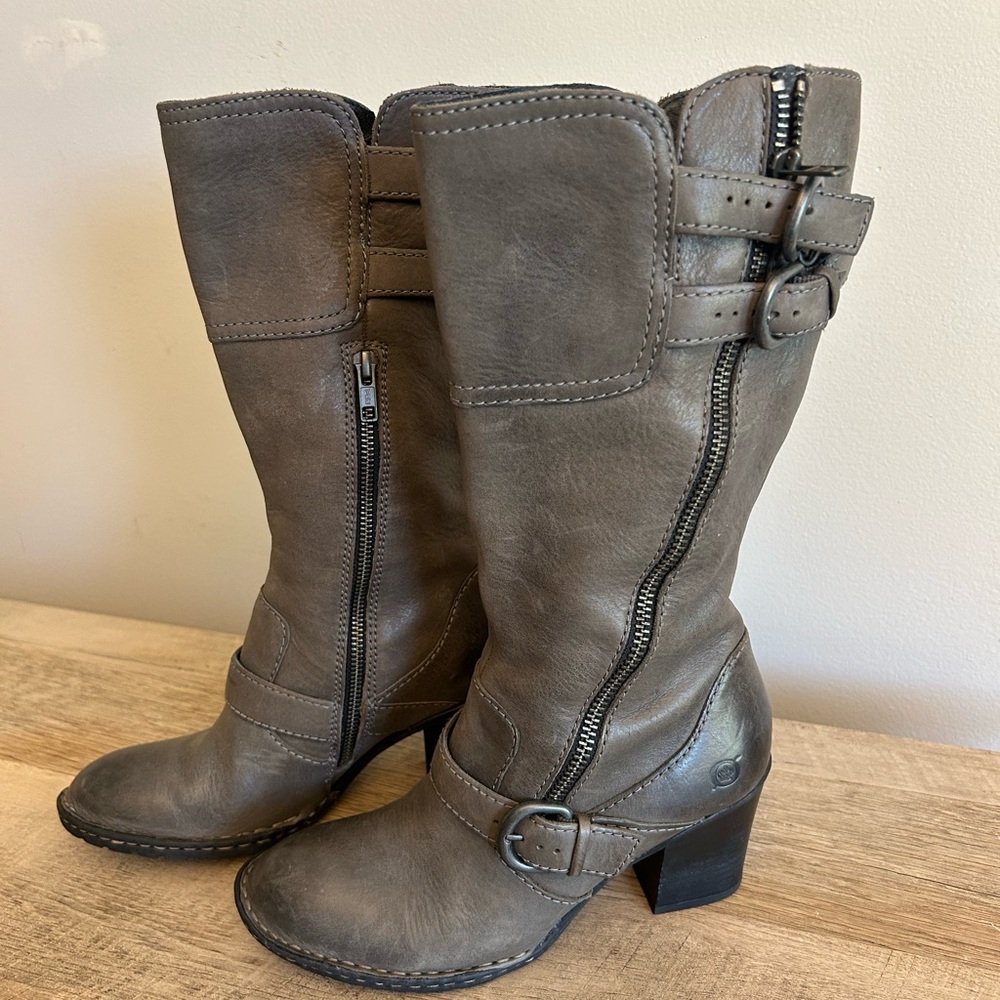 Born Treddy Boots Leather Moto Style Mid Calf Gray,  Flannel‎ Lined Wm Sz 6.5